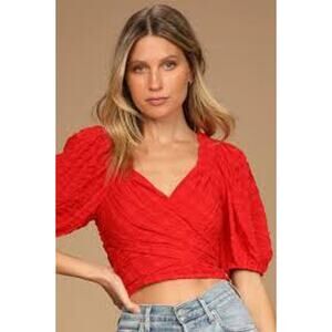2/$30 Lulus Medium Womens Red Love of Sunshine Puff Sleeve Wrap Crop Top